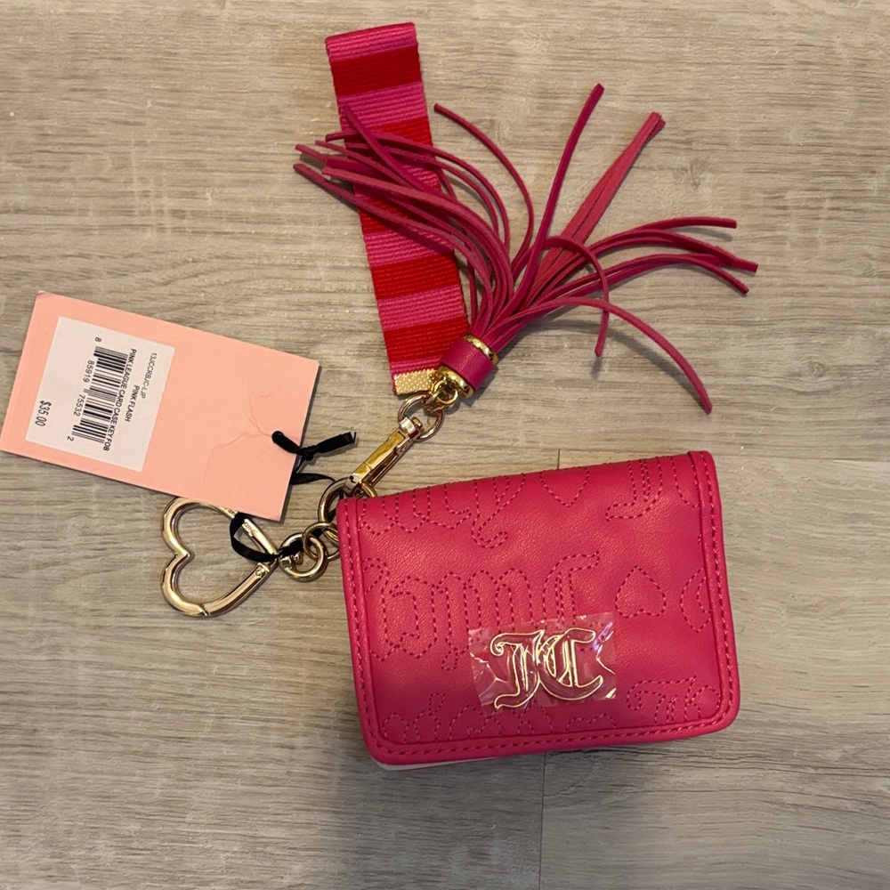 Juicy Couture Hot Pink Embossed Key & Card Holder with Tassel Strap